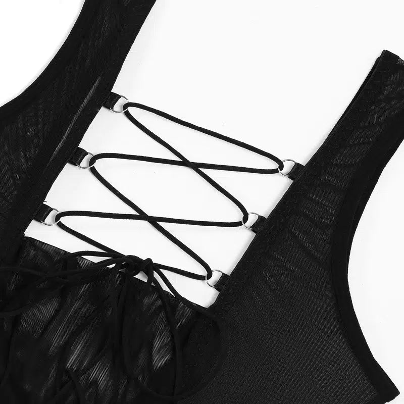 Sensual Mesh Seduction: Midnight Noir Open Back Bodysuit