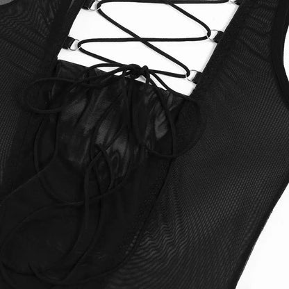 Sensual Mesh Seduction: Midnight Noir Open Back Bodysuit