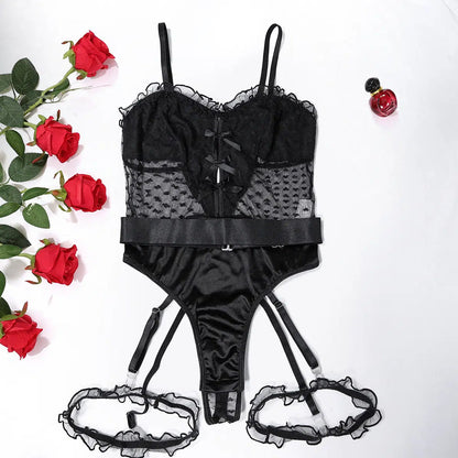 Seductive Love-Spotted Mesh Garter Bodysuit: Ignite Passion in Style