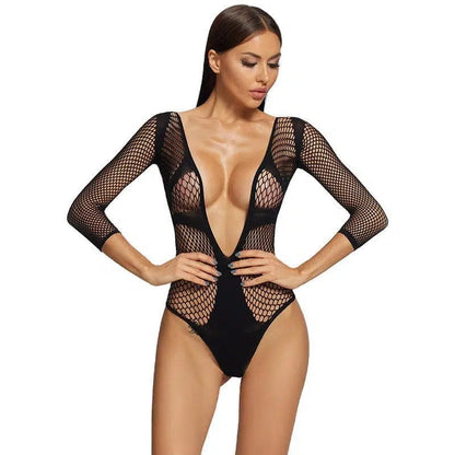 Sultry Seduction: Enthralling Deep V Fishnet Bodysuit with Long Sleeves