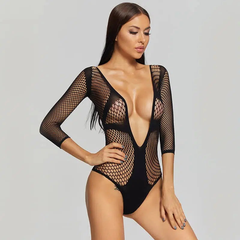 Sultry Seduction: Enthralling Deep V Fishnet Bodysuit with Long Sleeves