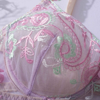 Conjunto de sujetador de lencería sexy de malla transparente con flores bordadas